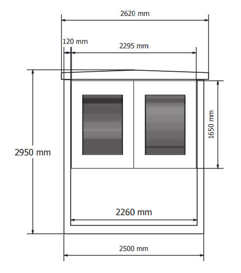 Andere Seite, technische Zeichnung der Kompaktstation Trafo mit präzisen Abmessungen und detaillierter Darstellung. Diese Trafo Kompaktstation im Betonbau ermöglicht eine genaue Planung von Trafostationen.