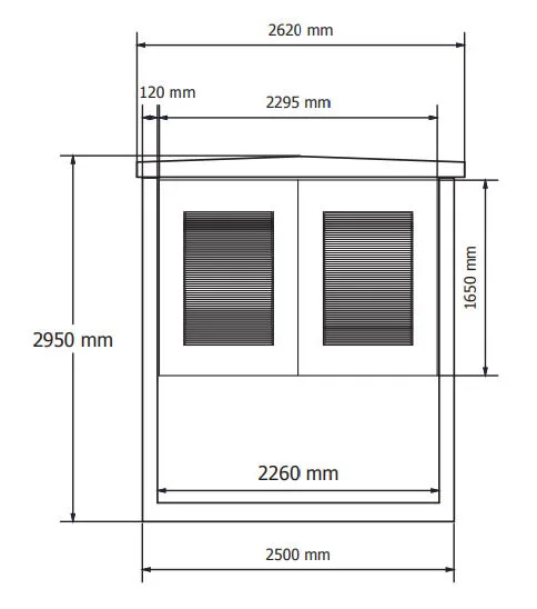 Sicht von Vorne, technische Zeichnung der Kompaktstation Trafo mit Abmessungen und detaillierter Darstellung. Diese Trafo Kompaktstation im Betonbau zeigt präzise Maße für eine optimale Planung von Trafostationen.