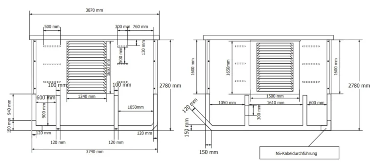 Technische Zeichnung der Kompaktstation mit Abmessungen in der Seitenansicht. Diese Trafo Kompaktstation im Betonbau zeigt die genauen Maße und Detaillierung für eine präzise Planung von Trafostationen.