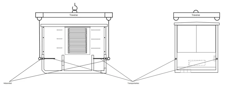 Technische Zeichnung der Kompaktstation mit Traverse, Hebe- und Transportmittel