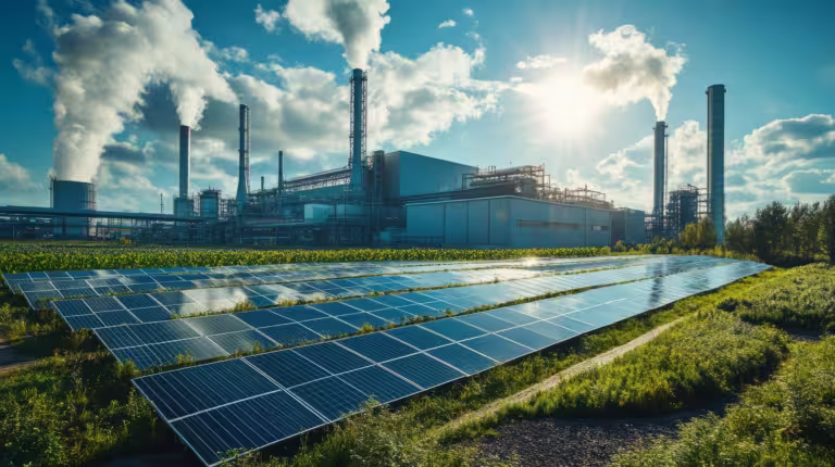 Solaranlage vor Industrieanlage für nachhaltige Energieversorgung und Klimaschutz - Lösung kompaktstation trafo, trafo kompaktstation, kompaktstation und Trafostation von Faber E-Tec