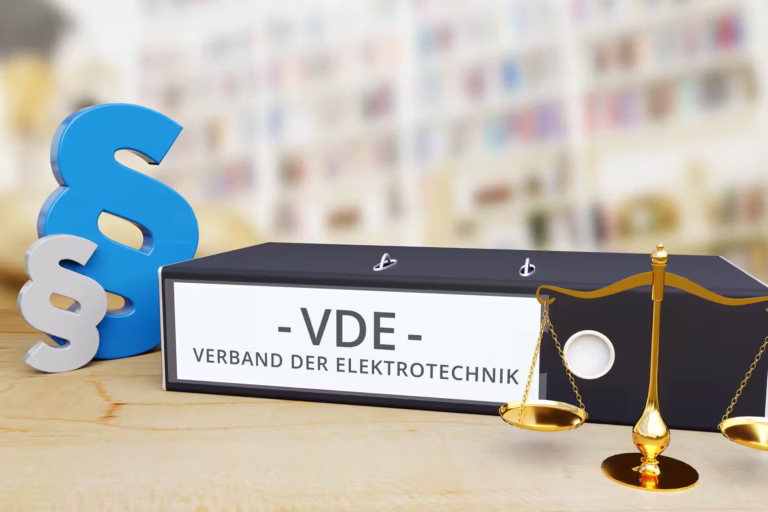VDE-AR-N 4110 - VDE - Verband der Elektrotechnik - Vorschriften und Standards VDE-AR-N 4110, VDE - Verband der Elektrotechnik mit Gesetzessymbolen, Waage und Normen-Ordner, Fokus auf Mittelspannungsnorm VDE-AR-N 4110, Niederspannung VDE 4105 und Hochspannung VDE 4120. Trafostation und Kompaktstation