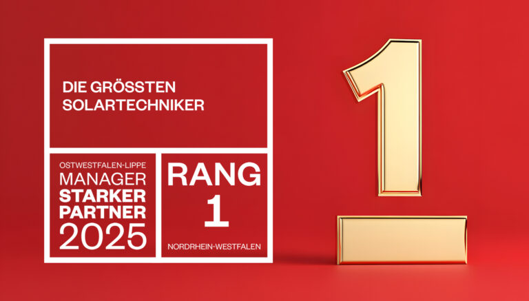 Regio Manager Auszeichnung „Starker Partner 2025“ für die Faber Energy Group auf rotem Hintergrund. Grafik mit rotem Hintergrund und goldener Zahl 1. In weißen Kästchen steht 'Die größten Solartechniker', 'Ostwestfalen-Lippe Manager Starker Partner 2025' und 'Rang 1 Ostwestfalen-Lippe'.