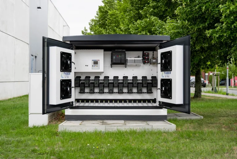 Trafostation kaufen – Kompakte Trafo- und Kompaktstationen von Faber E-Tec Kompakte Trafostation von Faber E-Tec mit geöffneter Schaltanlage und moderner Trafo-Technik.
