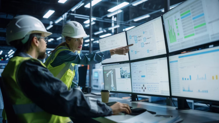 BESS und Spitzenlastmanagement – Energieüberwachung in der Industrie Ingenieure überwachen Energieströme auf mehreren Monitoren – Symbolbild für BESS, Energieüberwachung und Spitzenlastmanagement in der Industrie: