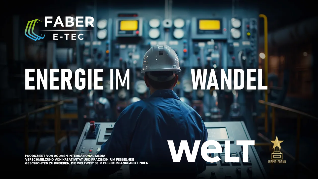 Ein Foto, das einen Arbeiter in einem industriellen Kontrollraum von hinten zeigt, der an einer Konsole mit Wählscheiben und Monitoren arbeitet. Der große Text über der Szene lautet "ENERGIE IM WANDEL". Ein weiterer großer Text unten rechts lautet "WELT". Oben links befindet sich entweder das Logo von "FABER SOLARTECHNIK" (mit gelb-orangefarbener Sinuswelle und Solarsymbol) oder das Logo von "FABER E-TEC" (mit drei blauen, verbundenen Bögen). Im kleingedruckten Text unten links steht: "PRODUZIERT VON ACUMEN INTERNATIONAL MEDIA / VERSCHMELZUNG VON KREATIVITÄT UND PRÄZISION, UM FESSELNDE GESCHICHTEN ZU KREIEREN, DIE WELTWEIT BEIM PUBLIKUM ANKLANG FINDEN." Unten rechts ist ein kleiner goldener Award-Stern mit dem Wort "INSPIRIEREND" abgebildet.