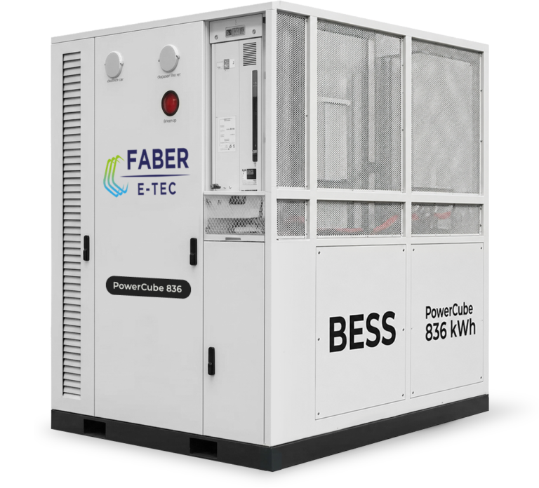 Der schlüsselfertige BESS-Großspeicher PowerCube 836 von Faber E-Tec als hocheffizienter Batteriespeicher für Solarparks.