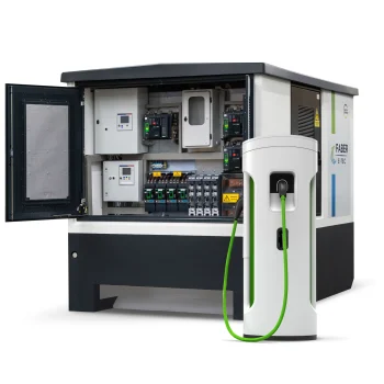 Abbildung einer E-Mobilitätsstation, entwickelt für die zuverlässige Energieversorgung von Ladestationen für Elektrofahrzeuge. Ideal für den Aufbau zentraler und dezentraler Ladeinfrastruktur. Kompaktstationen