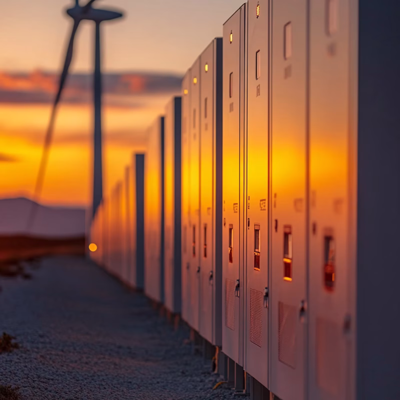 BESS-Batteriespeicher von Faber E-Tec bei Sonnenaufgang – Symbolbild für nachhaltige Energiespeicher und industrielle Energieeffizienz