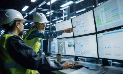 Ingenieure überwachen Energieströme auf mehreren Monitoren – Symbolbild für BESS, Energieüberwachung und Spitzenlastmanagement in der Industrie:
