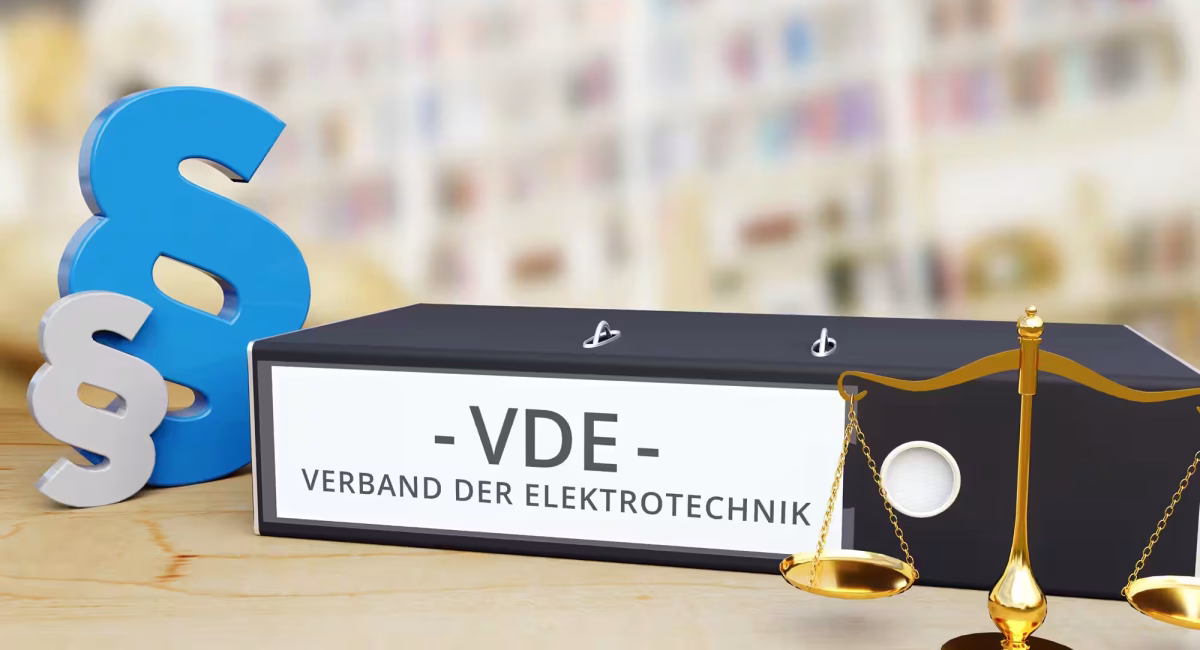 VDE-AR-N 4110, VDE - Verband der Elektrotechnik mit Gesetzessymbolen, Waage und Normen-Ordner, Fokus auf Mittelspannungsnorm VDE-AR-N 4110, Niederspannung VDE 4105 und Hochspannung VDE 4120. Trafostation und Kompaktstation